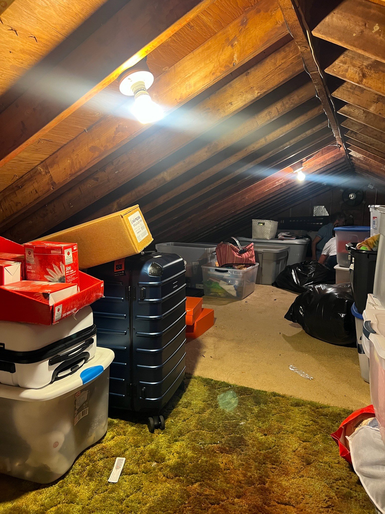 Attic storage space with wooden beams, carpeted floor, various storage bins, boxes, a suitcase, and a light bulb. Professionally organized by Uncluttered Spaces located in Bucks County. 