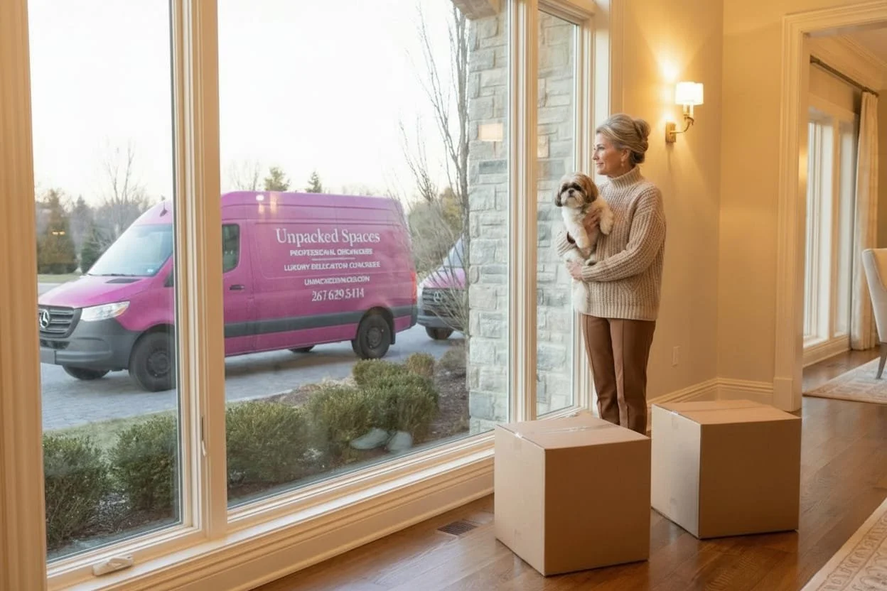 A woman and her dog look out their window at an Unpacked Spaces van