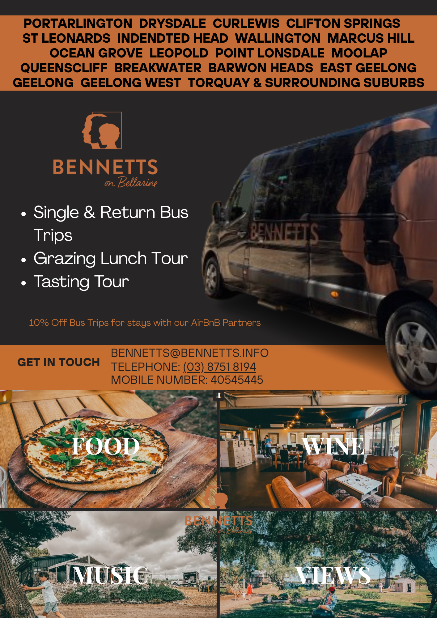 A black van with the words 'BENNETTS on Bellarine' and a silhouette of a woman's profile on the side, parked on a dirt area under a clear blue sky, with trees casting shadows nearby.