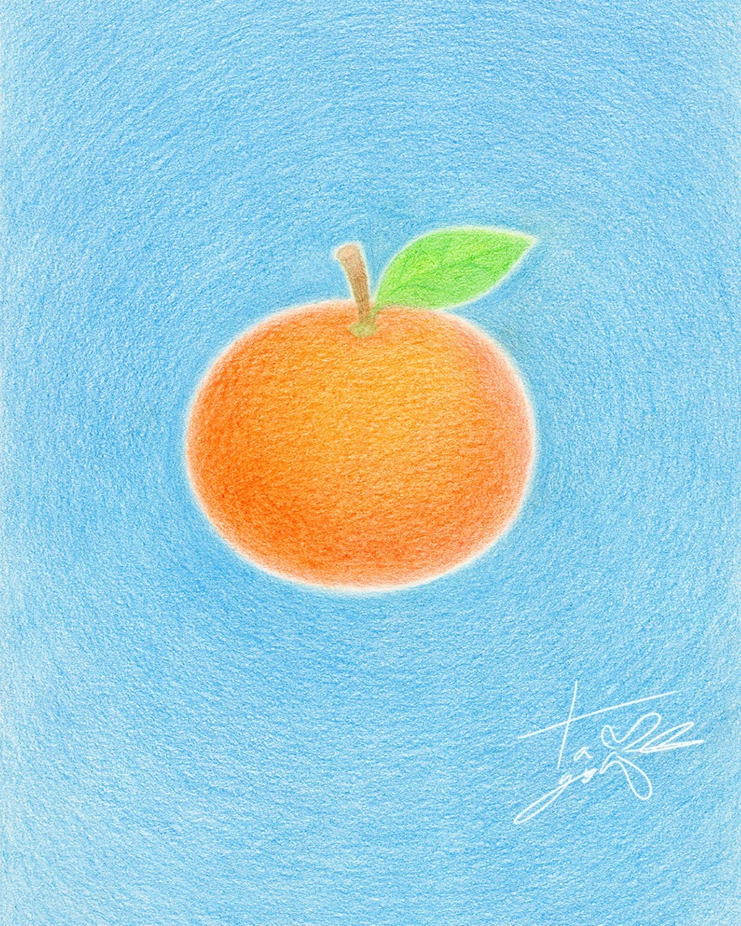 파란 하늘처럼 맑고 소용돌이치는 배경 위에, 주황빛이 은은하게 감도는 귤 한 알이 그려져 있습니다. 귤의 위쪽에는 밝은 연두빛 이파리 하나가 붙어 있고, 귤의 오른쪽 아래에는 손글씨처럼 부드러운 서명이 적혀 있습니다. 이 그림은 '귤빛연작' 시리즈의 첫 번째 그림으로, 허상의 공간에서 피어난 따뜻한 마음의 시작을 상징합니다.