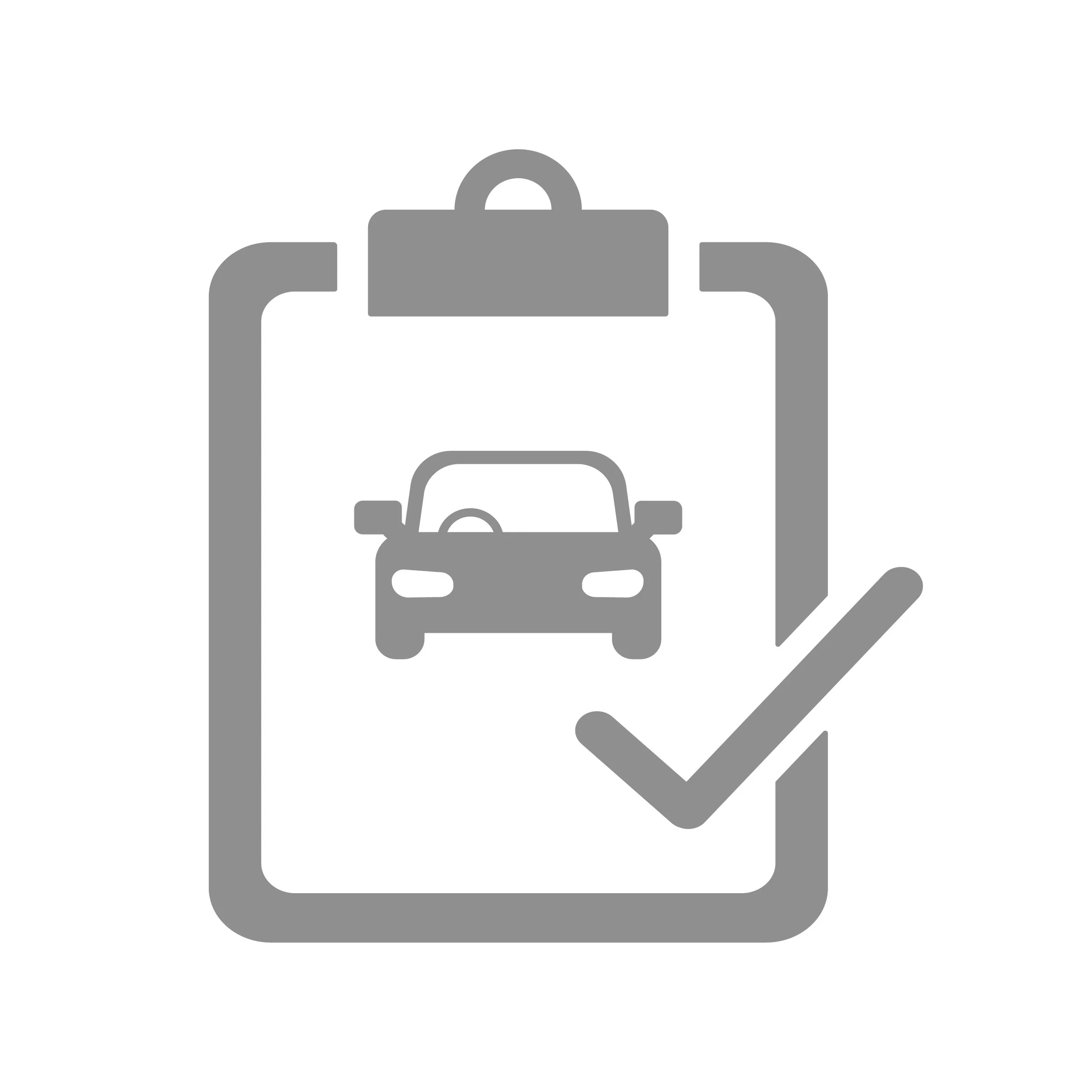 Icon of a clipboard with a car and a check mark, representing vehicle safety inspections.