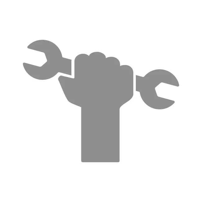 Silhouette of a fist holding a wrench and a spanner.