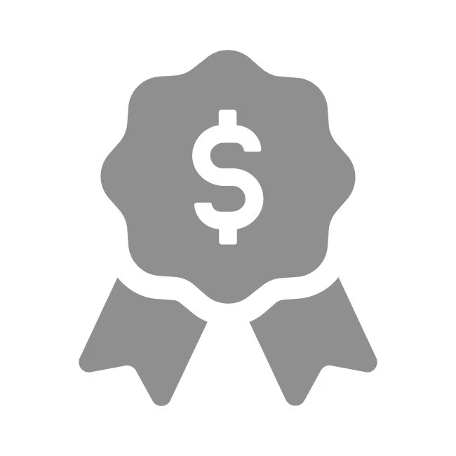 Gray award ribbon with a dollar sign in the center