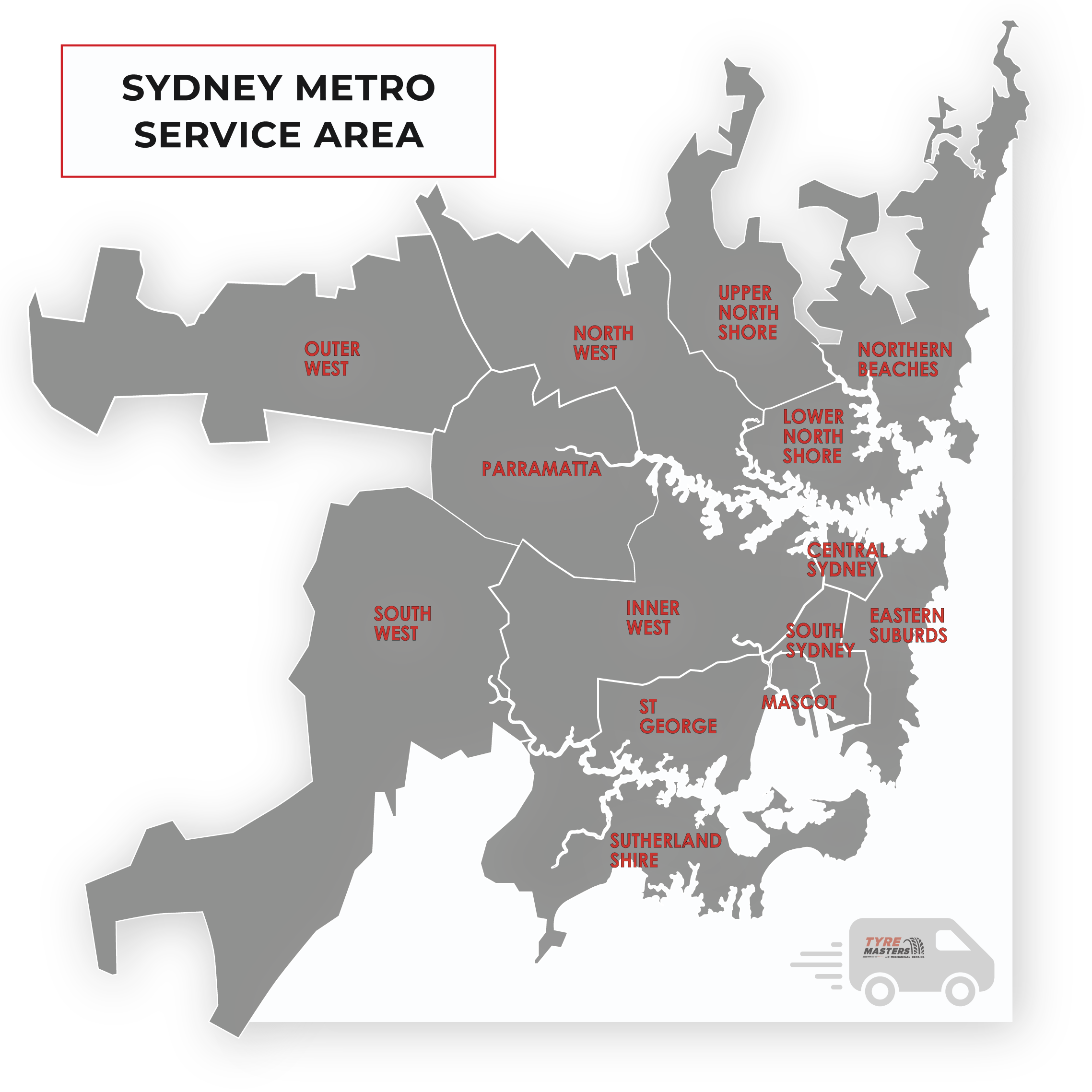 Map of Sydney showing different metro service areas labeled in red, including Outer West, North West, Upper North Shore, Northern Beaches, Lower North Shore, Central Sydney, Eastern Suburbs, South Sydney, Mascot, Inner West, St George, Sutherland Shire, South West, Parramatta, and Outer West. A small icon of a delivery vehicle with the words 'Tyre Masters' is in the lower right corner.