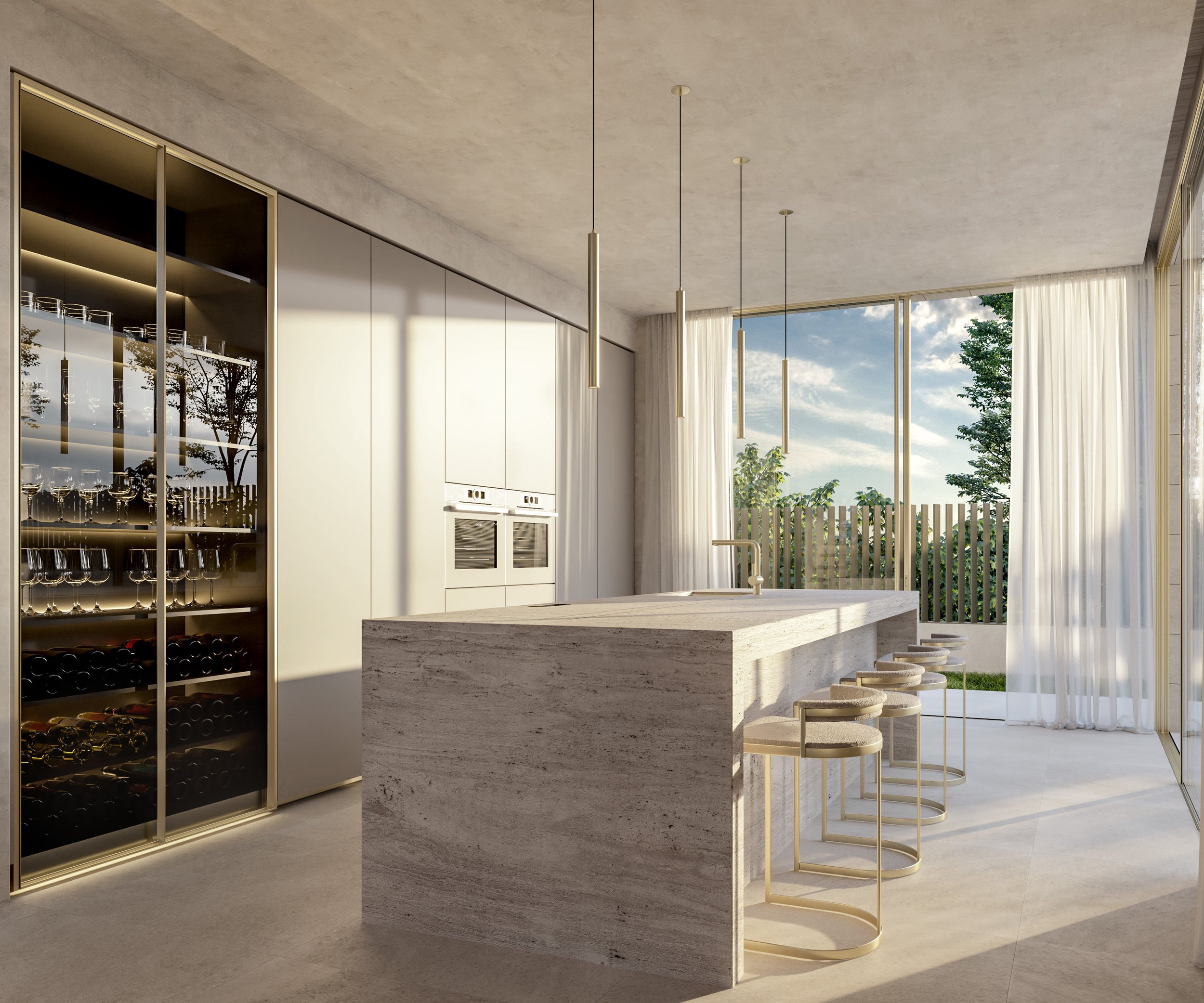 Modern kitchen with marble island, high stools, built-in wine cooler, and large windows with white curtains letting in natural light, overlooking greenery.