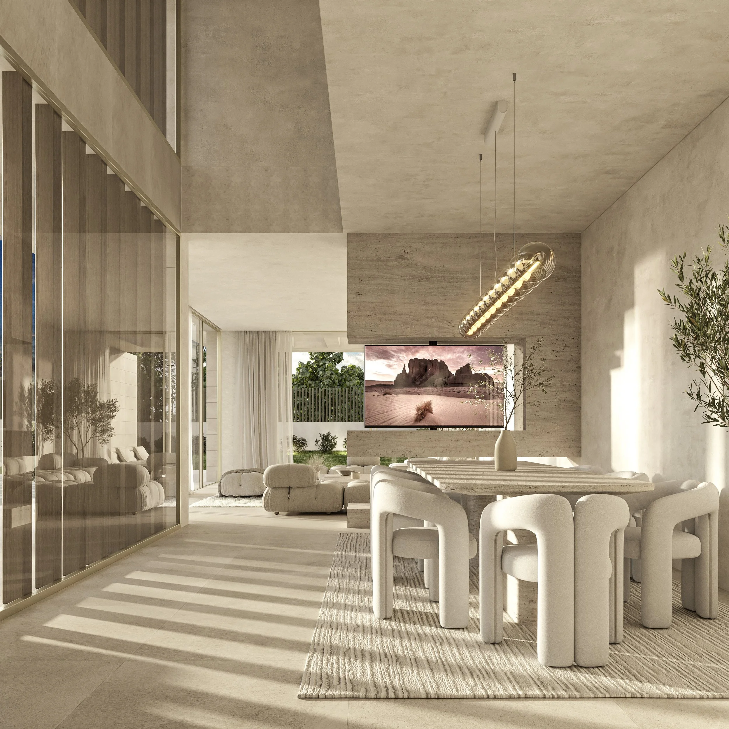 Modern living and dining area with beige and neutral tones, large glass windows, a wall-mounted TV displaying a landscape, and stylish furniture including a dining table with sculptural chairs, a plush seating area, and potted plants.