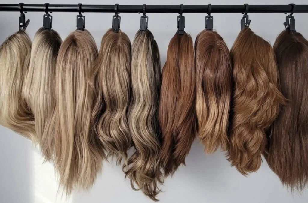 Billedet viser flere hårlåse i forskellige brune og blonde nuancer, hængende på en stang