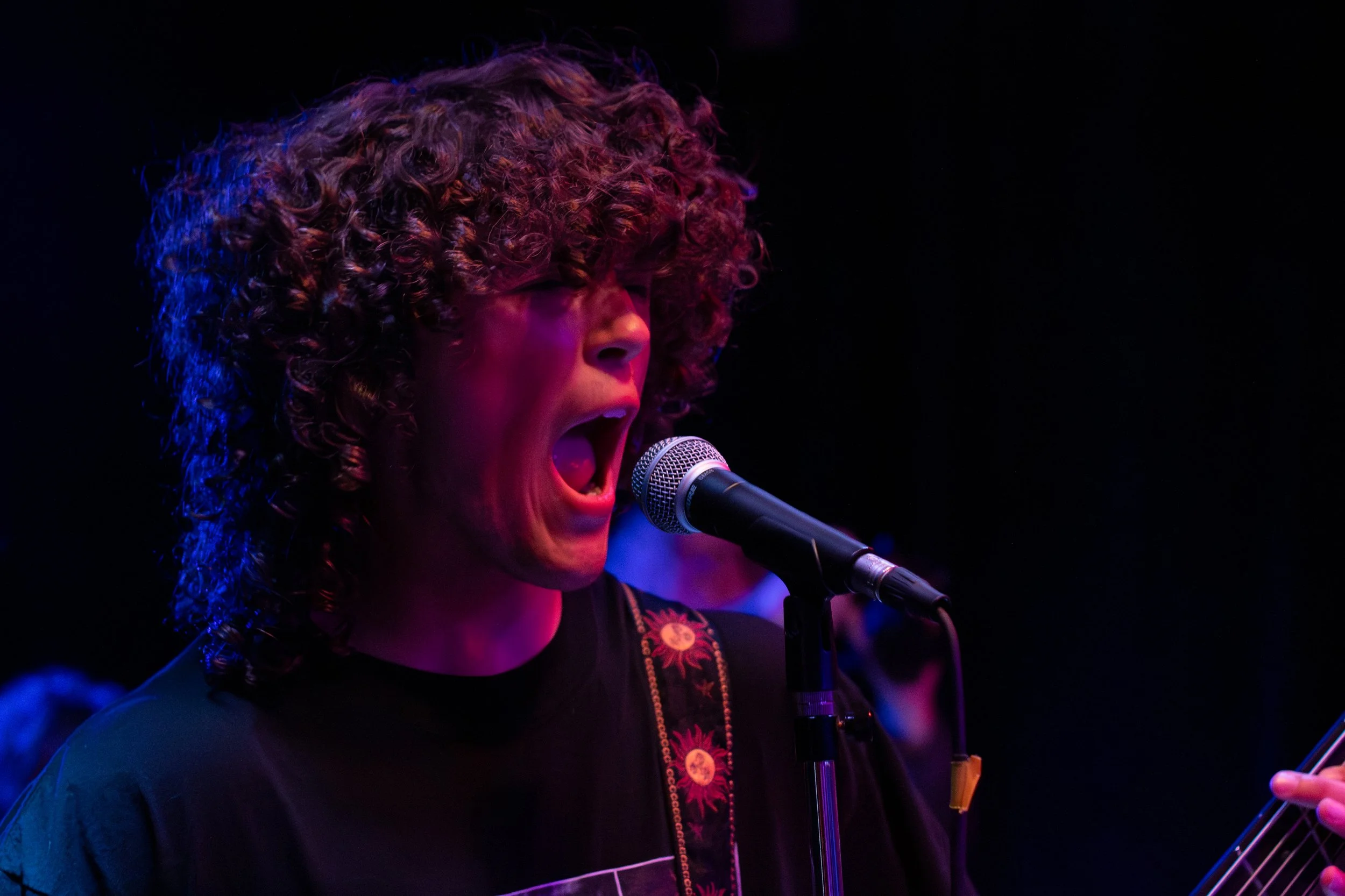 A person with curly hair singing into a microphone on stage, illuminated with purple and blue stage lights.