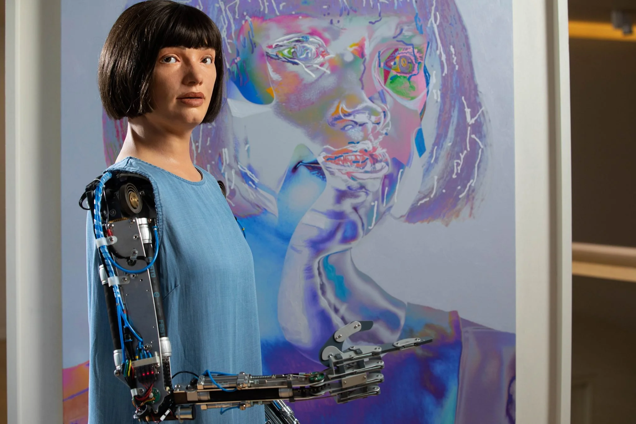 Ai-Da AI robot artist headshot exploring artificial intelligence, robotics and creative innovation