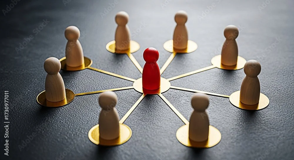 A red game piece at the center connected to several white game pieces around it with lines, representing a network or connection.