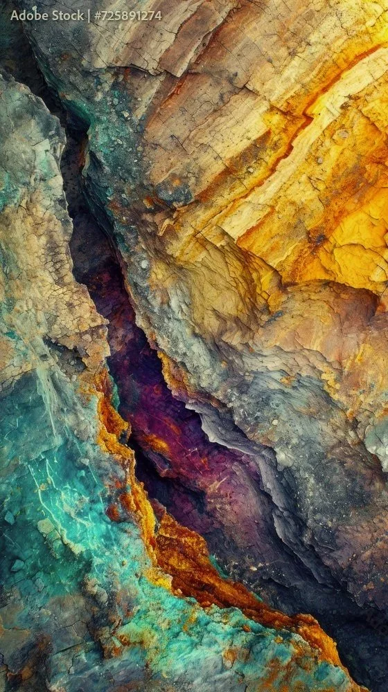 Colorful abstract rock formation with shades of teal, orange, purple, and beige, resembling a canyon or geological layers.