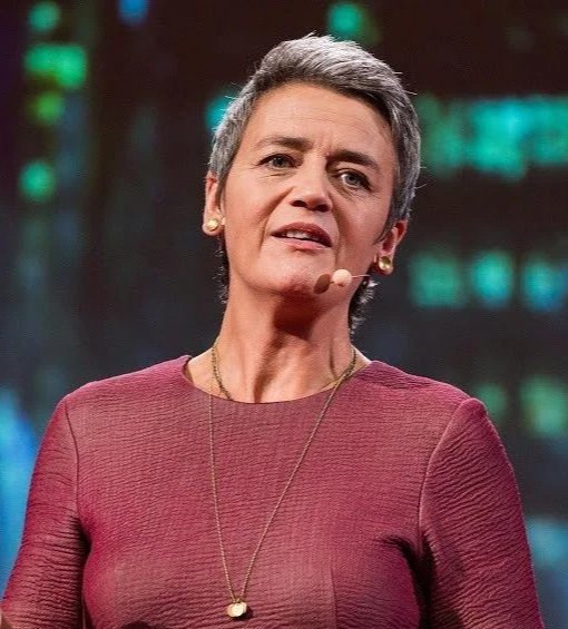 Margrethe Vestager, former EU Executive Vice President and competition chief, speaking on digital sovereignty and the 2026 AI Omnibus at a leadership summit.