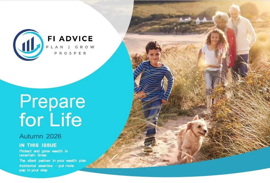 Cover page of a financial advice brochure titled 'Prepare for Life,' autumn 2026, featuring a family walking outdoors on a dirt path with a dog, with grassy fields in the background and sunlight.
