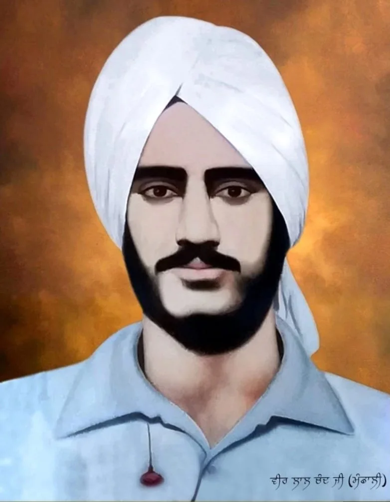 Painting of a man wearing a white turban and a light blue shirt, with dark eyes, thick eyebrows, a mustache, and a beard, set against an orange background.