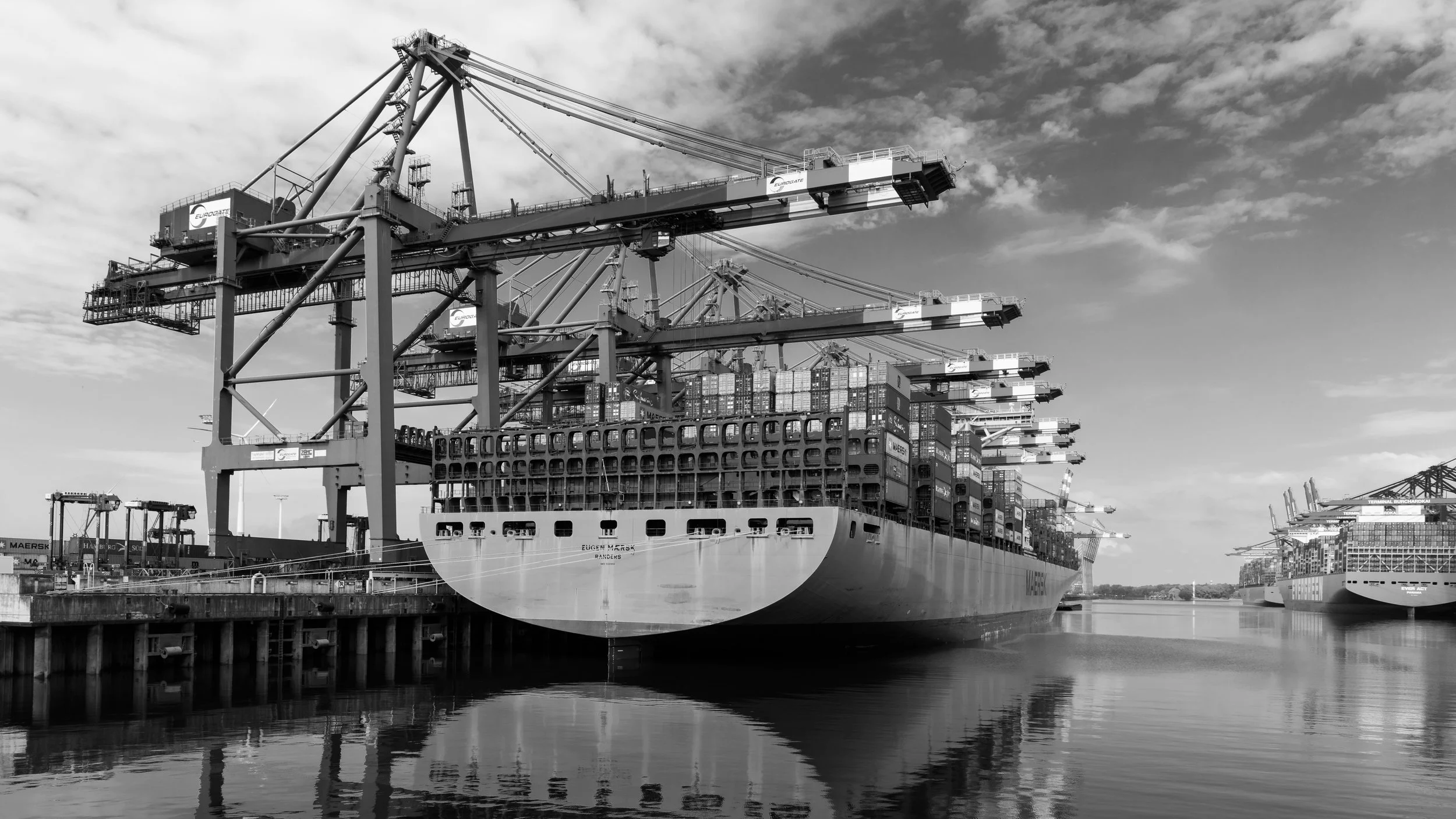 Black and white photo of cargo ships docked at a port with large cranes loading containers.
