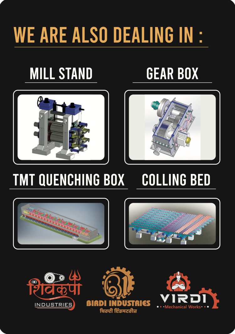 Poster listing industrial equipment models including mill stand, gear box, TMT quenching box, and colling bed, with logos for Shivkapa Industries, Birdi Industries, and VIRDI Mechanical Works.