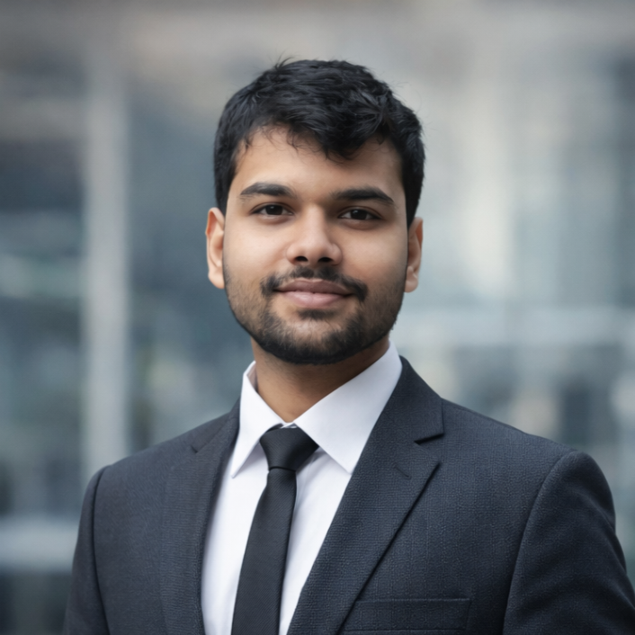 A young man with a beard and short hair, wearing a blue patterned button-up shirt and black pants, standing outdoors in a garden with trees, shrubs, and a house in the background.