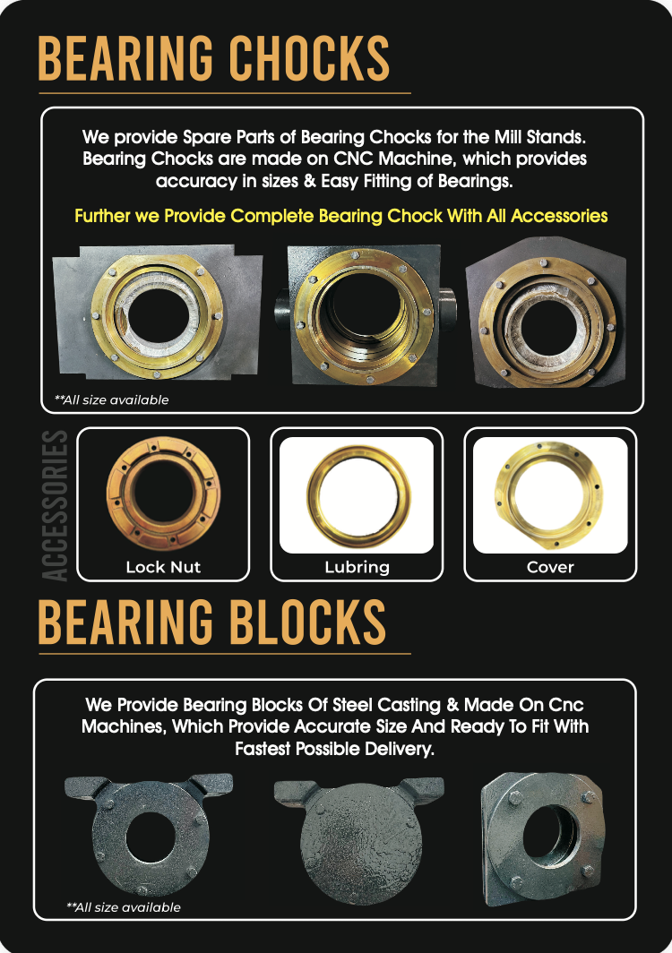 Advertisement for bearing parts and blocks, including images of bearing chocks, accessories like lock nut, lubring, and cover, and bearing blocks in steel casting.