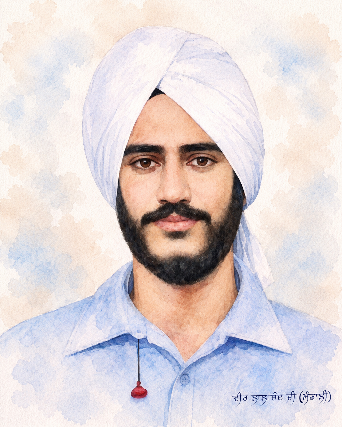 Painting of a man wearing a white turban and a light blue shirt, with dark eyes, thick eyebrows, a mustache, and a beard, set against an orange background.