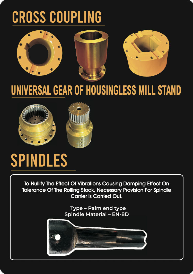 Display of various industrial machine parts including cross coupling, universal gear housingless mill stand, and spindles.