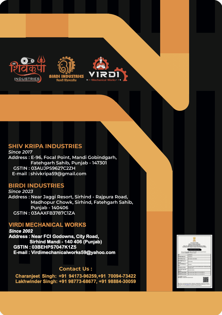 A business card with logos and contact information for Shiv Kripa Industries, Birdi Industries, and Viridi Mechanical Works, including addresses, GSTIN numbers, emails, and phone numbers, on a black and orange background.