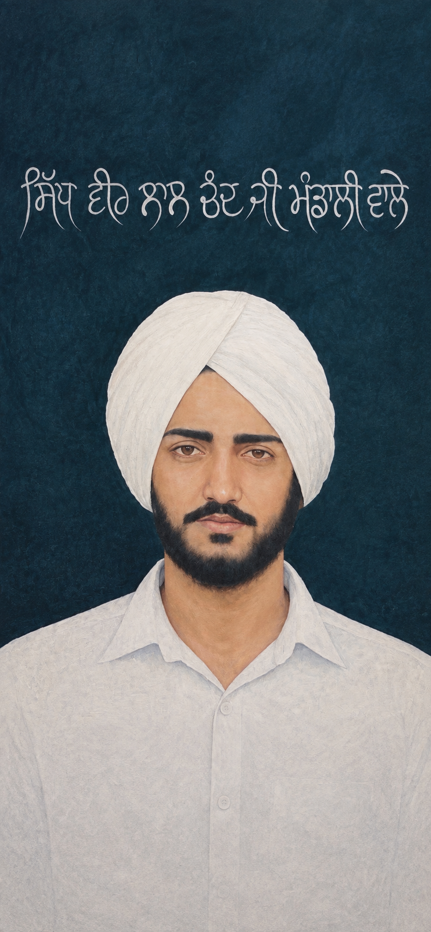 Painting of a man wearing a white turban and a light blue shirt, with dark eyes, thick eyebrows, a mustache, and a beard, set against an orange background.