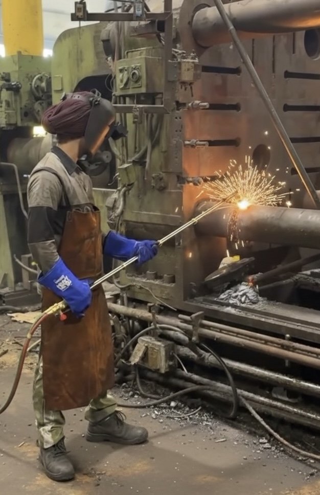A worker in safety gear welding metal on a large industrial machine with sparks flying.