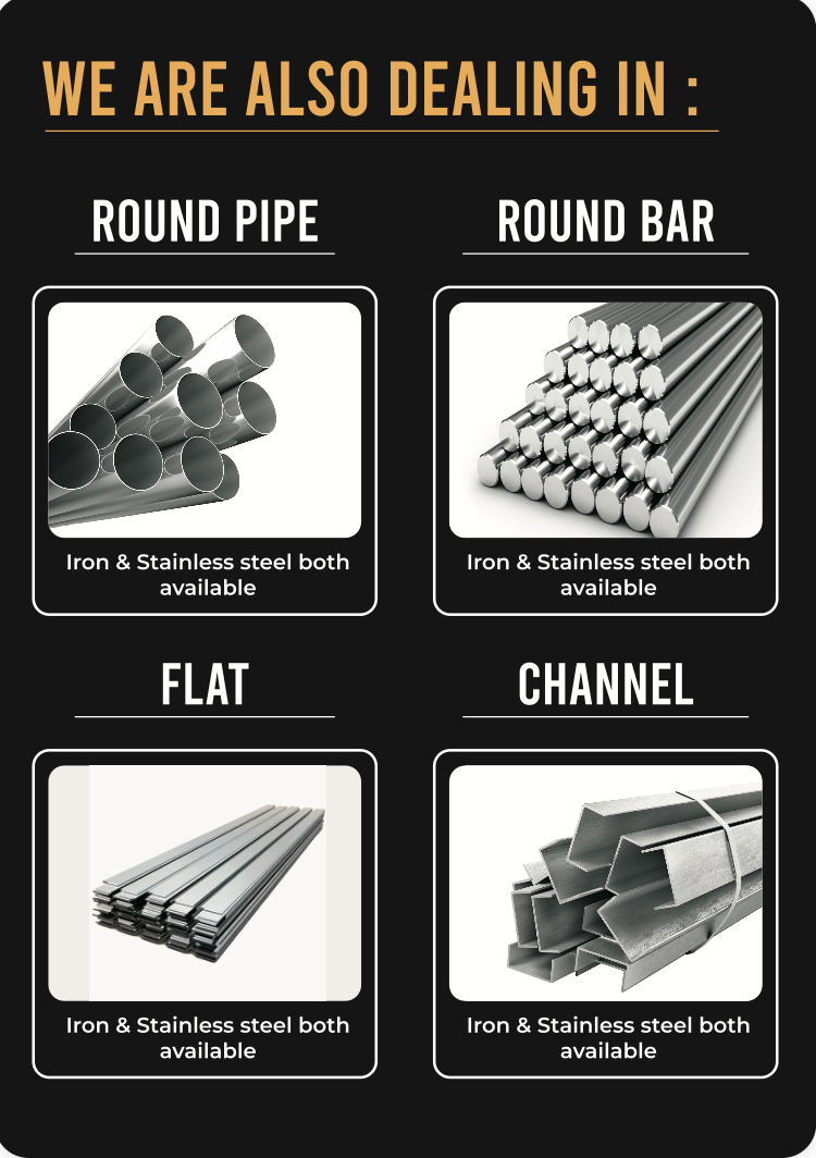 Sign showing types of steel available: round pipe, round bar, flat, and channel, with images and notes 'Iron & Stainless steel both available'.