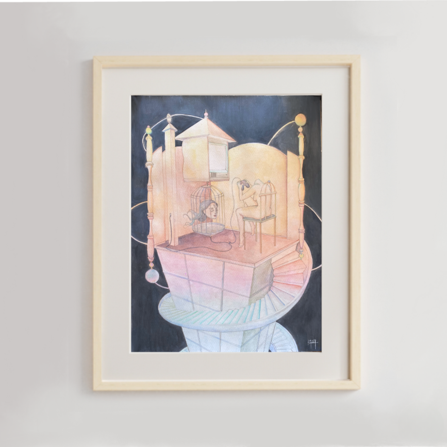 Mind Games, 2023. Watercolor on cotton paper / Wooden frame — 40 x 30 cm 