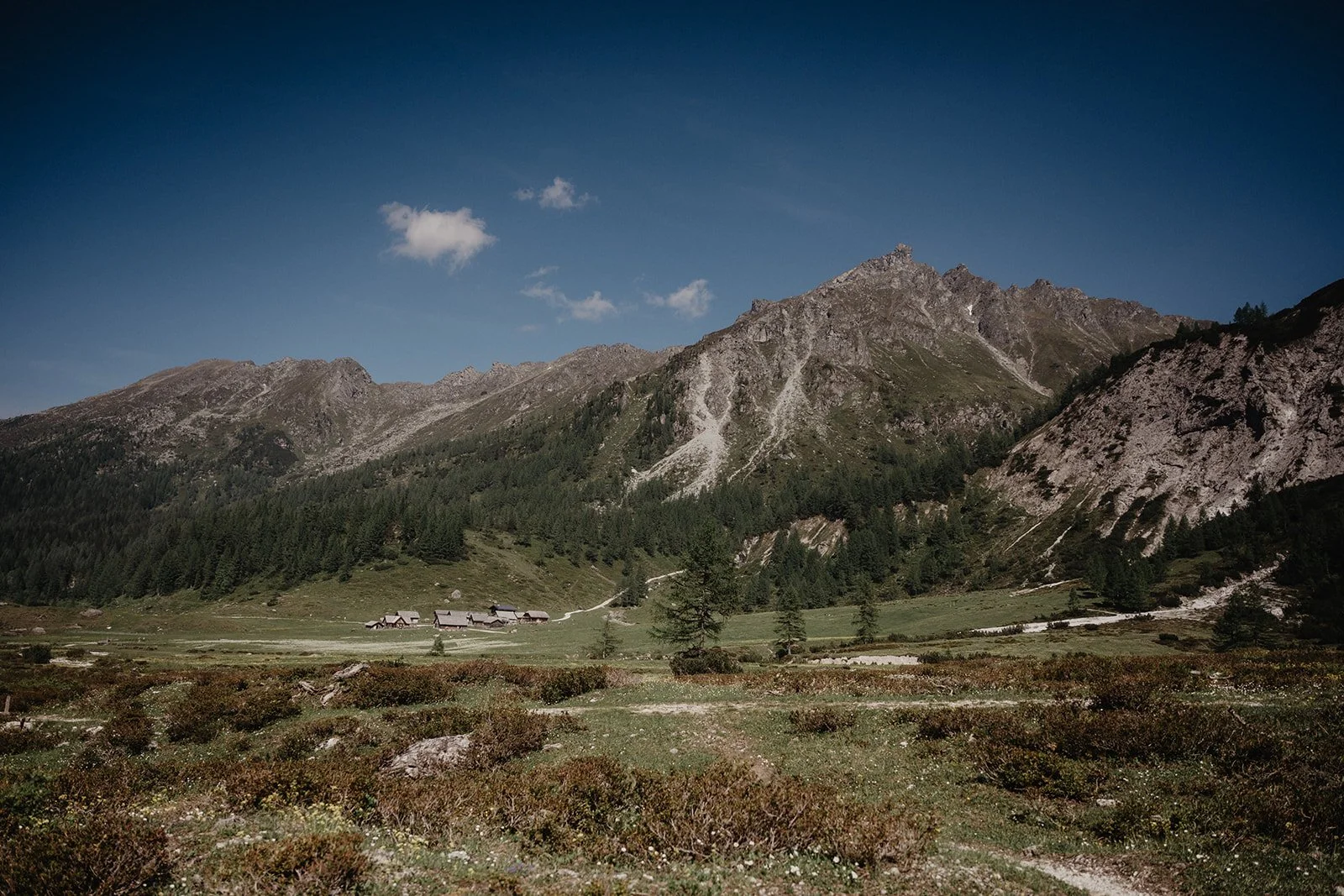 Berglandschaft mit hohen Gipfeln, einer Wiese im Vordergrund, einigen Bäumen und einer kleinen Hütte.