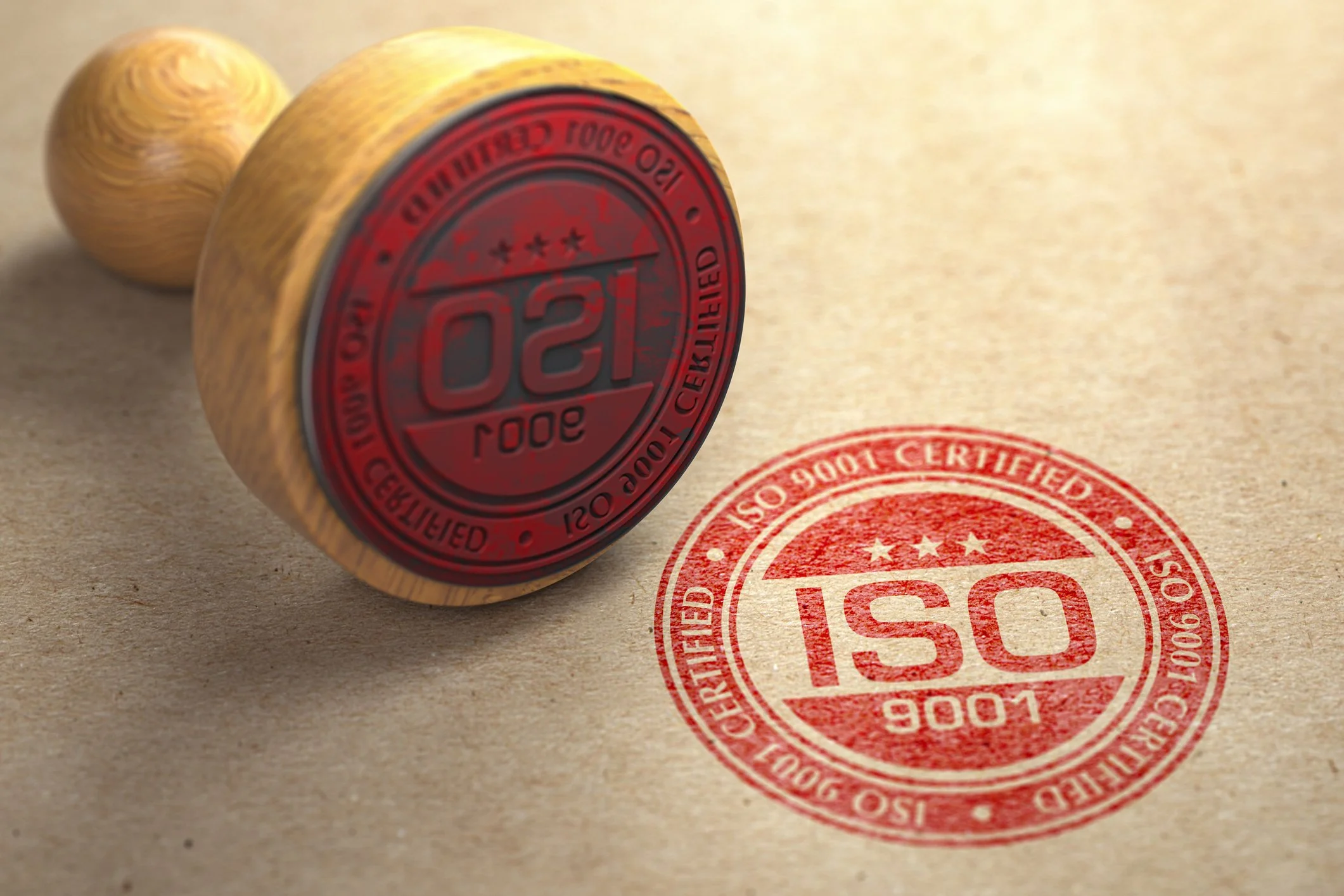 A wooden stamp with a red circular face that reads 'ISO 9001 CERTIFIED' and impresses a red "ISO" seal on paper.