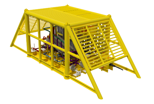 Yellow industrial structure with stairs and platforms, containing electronic equipment inside.