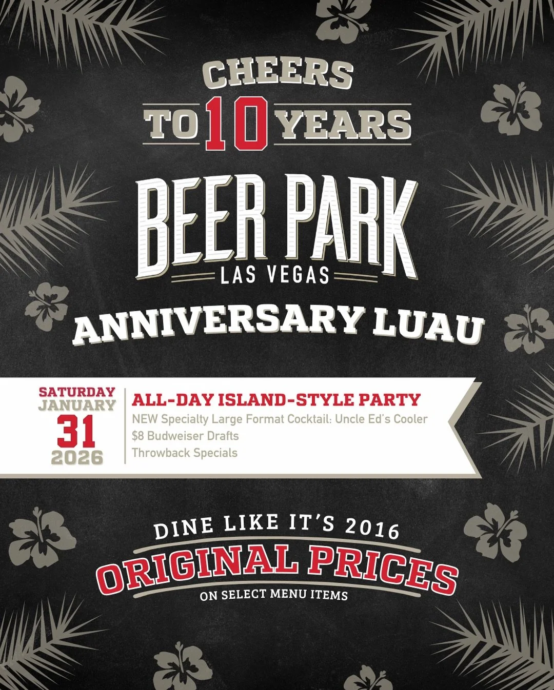 🥳 BEER PARK&rsquo;S TURNING 10 🥳

We&rsquo;re taking everyone to paradise and back to 2016 for our 10 year anniversary! We&rsquo;ll be celebrating with an all-day luau and original menu pricing on select items. We can&rsquo;t wait to see you Saturd