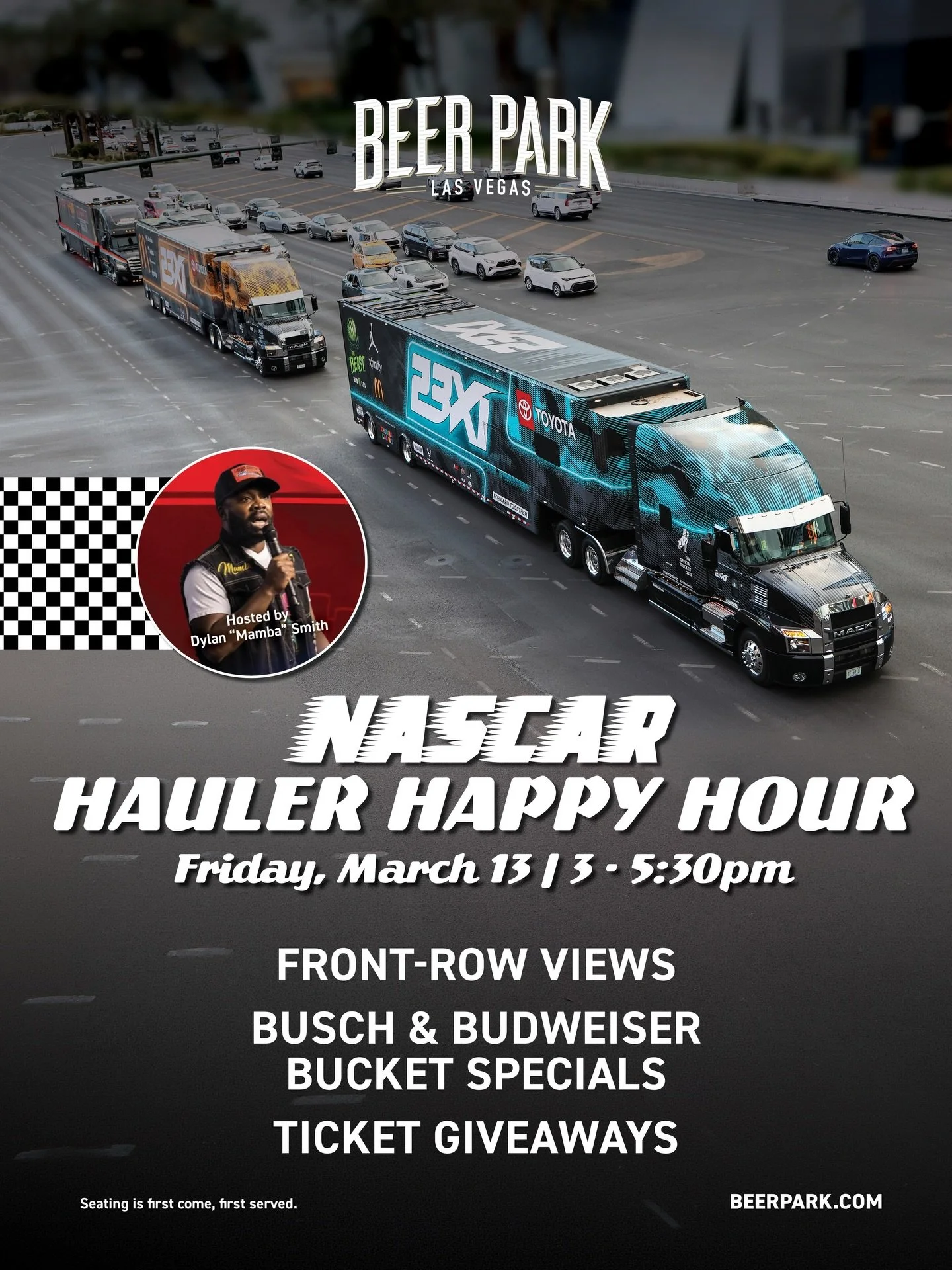 TOMORROW!! NASCAR Cup Series haulers will make their way down the Las Vegas Strip en route to the LV Motor Speedway to kick off the Pennzoil 400. 🏁 Dylan &ldquo;Mamba&rdquo; Smith will be joining us at Beer Park to host our Hauler Happy Hour with th