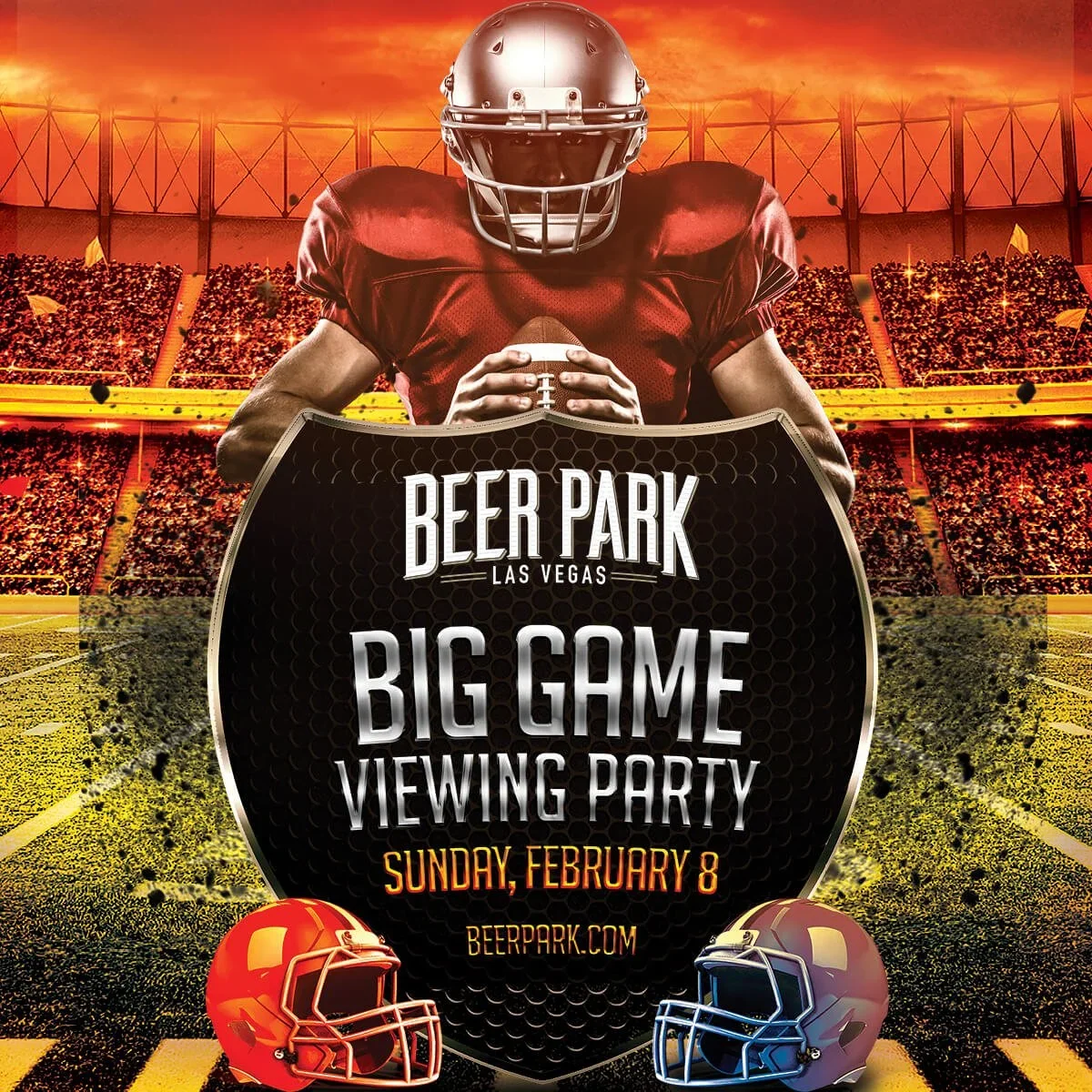 A football player in a red uniform and helmet holding a football, with a stadium and fiery sky in the background. Text on a black shield indicates a big game viewing party at Beer Park in Las Vegas on Sunday, February 8.