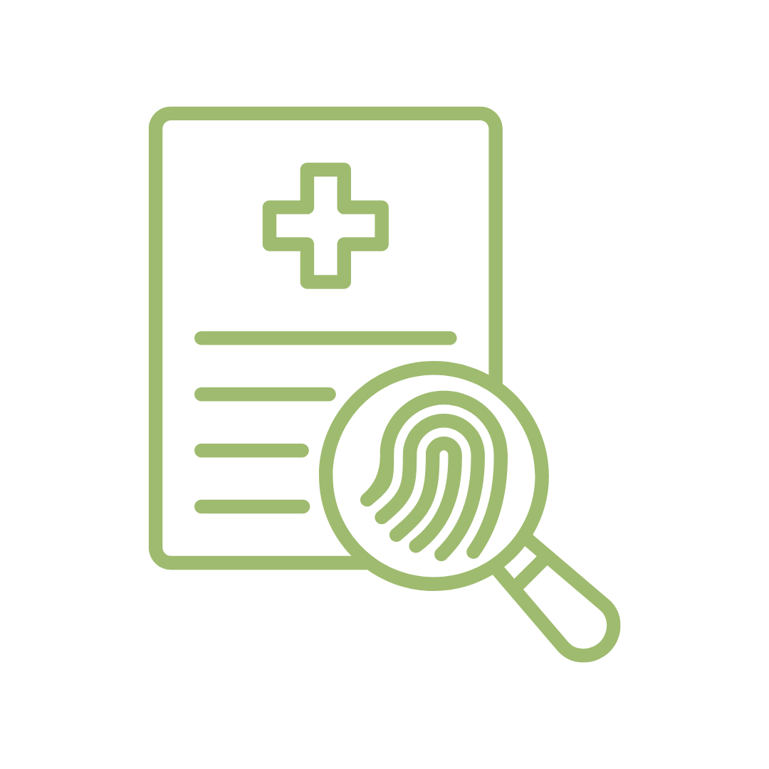 Medical report with a magnifying glass focusing on a fingerprint.