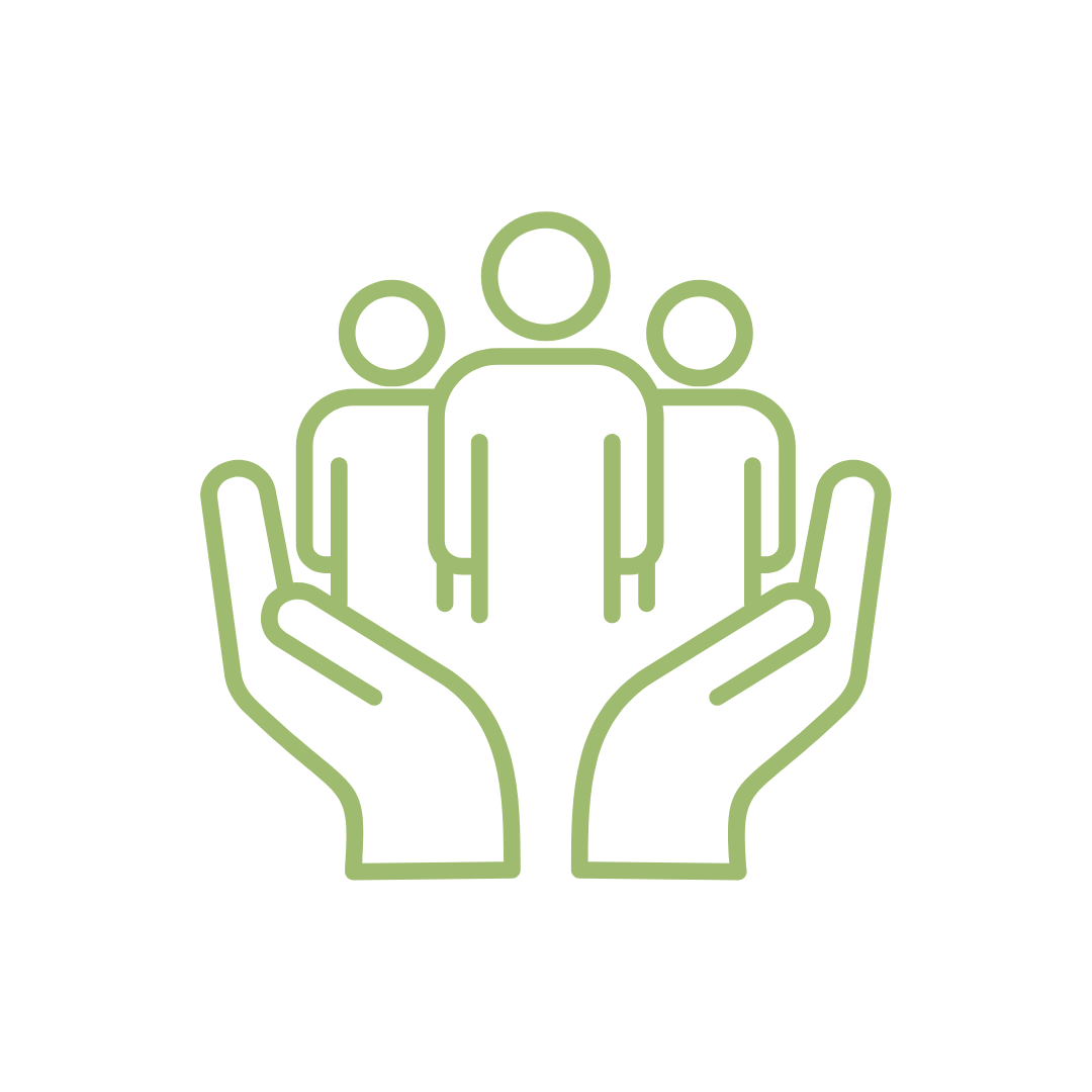 Outline of two hands holding three human figures, representing support or community.