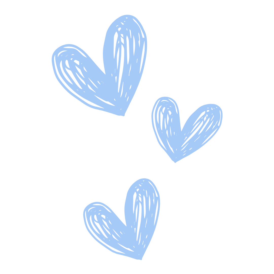 Three light blue hand-drawn hearts on a black background.