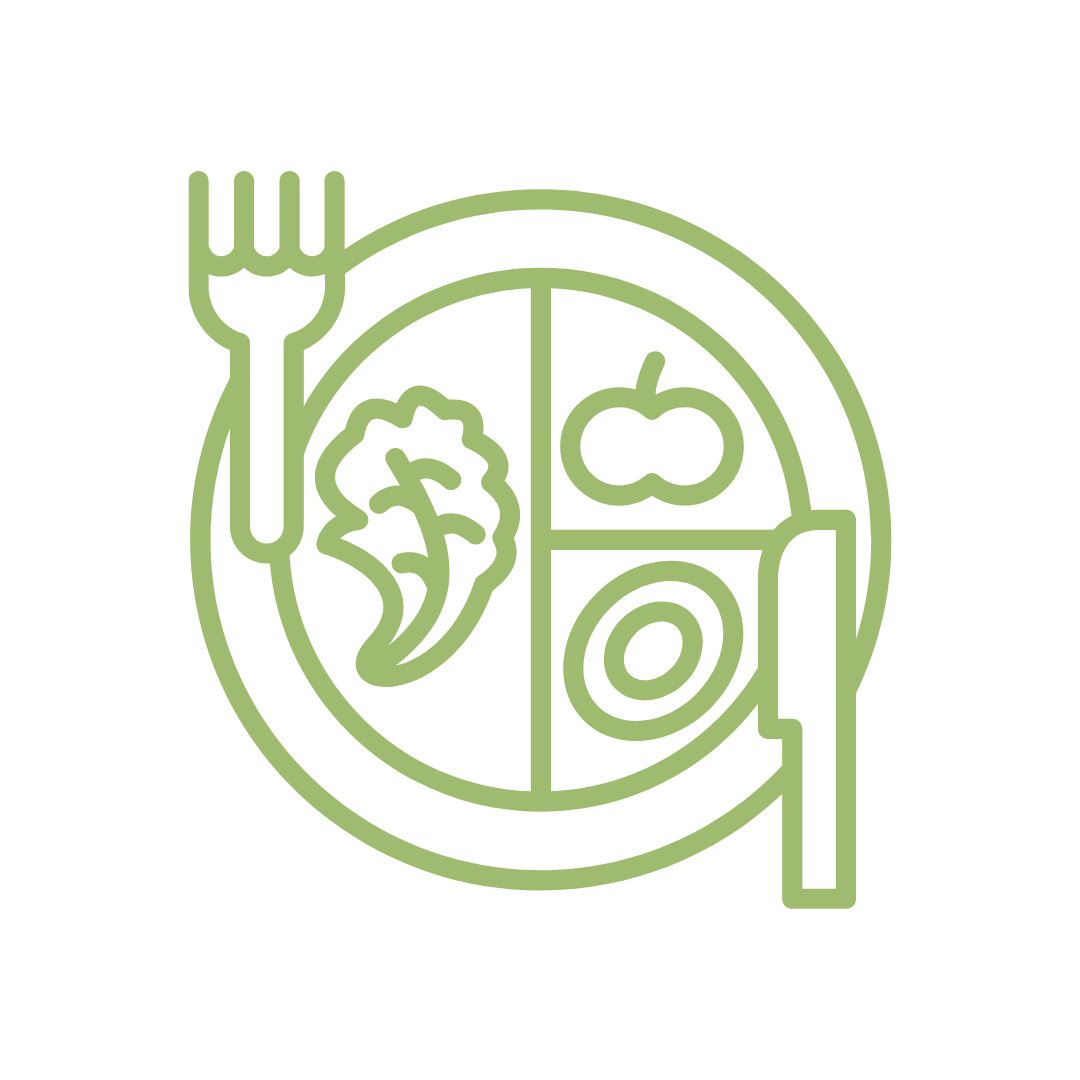 Line drawing of a plate with a fork, knife, and a divided section with salad, tomato, and an onion.
