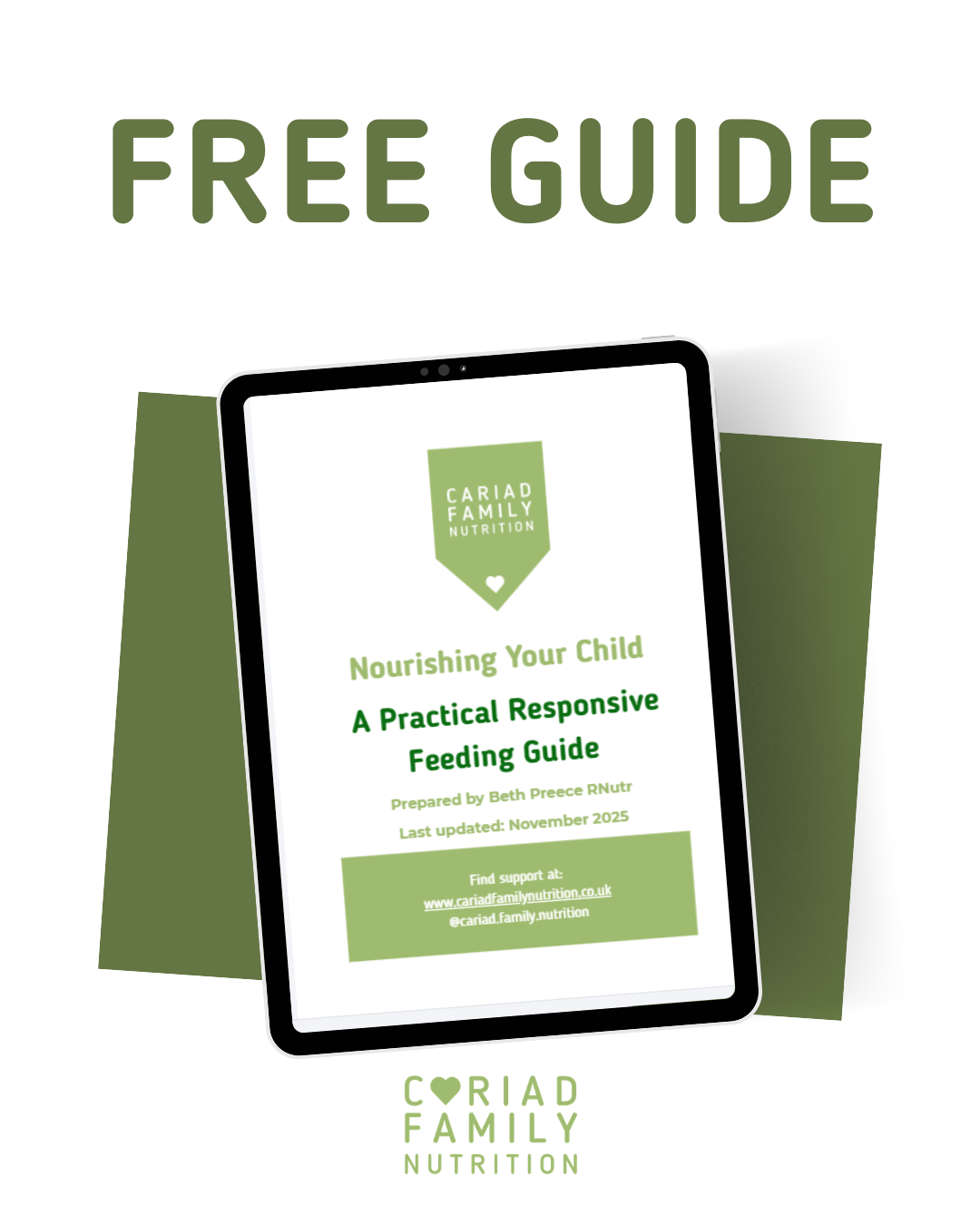 Digital tablet displaying a free nourishing child feeding guide from Cariad Family Nutrition with the title 'A Practical Responsive Feeding Guide'.