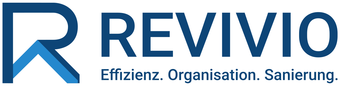 Logo der Firma REVIVIO mit dem Schriftzug 'Effizienz. Organisation. Sanierung.' darunter.
