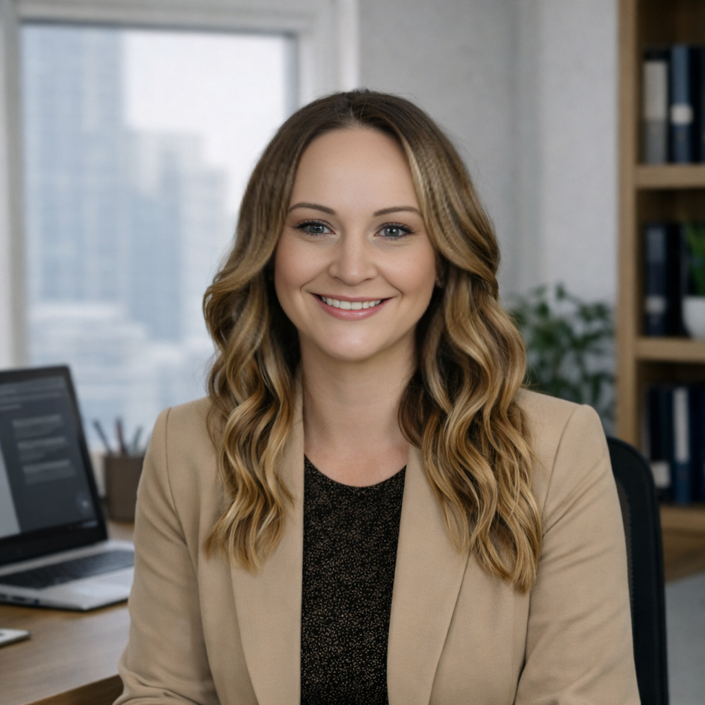 A smiling woman with wavy, shoulder-length hair sitting at a desk in an office, with a laptop and a bookshelf in the background.