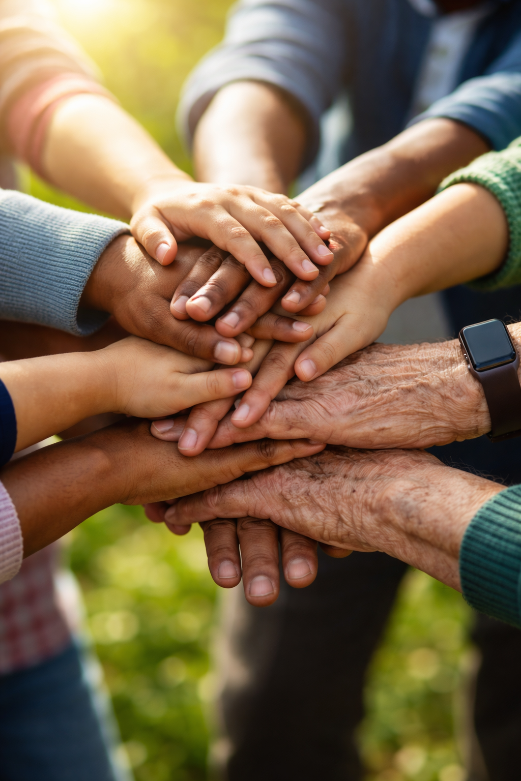 Multiple hands of different ages and skin tones stacked together in unity outdoors.