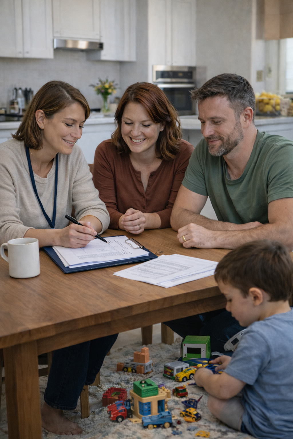 Three adults smiling and sitting around a table reviewing documents, with a young child playing on the floor with toys underneath the table in a cozy kitchen.