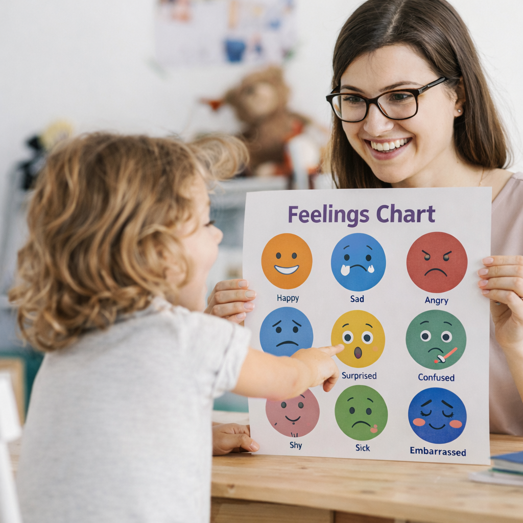 Behaviour support practitioner helping a child identify and communicate emotions