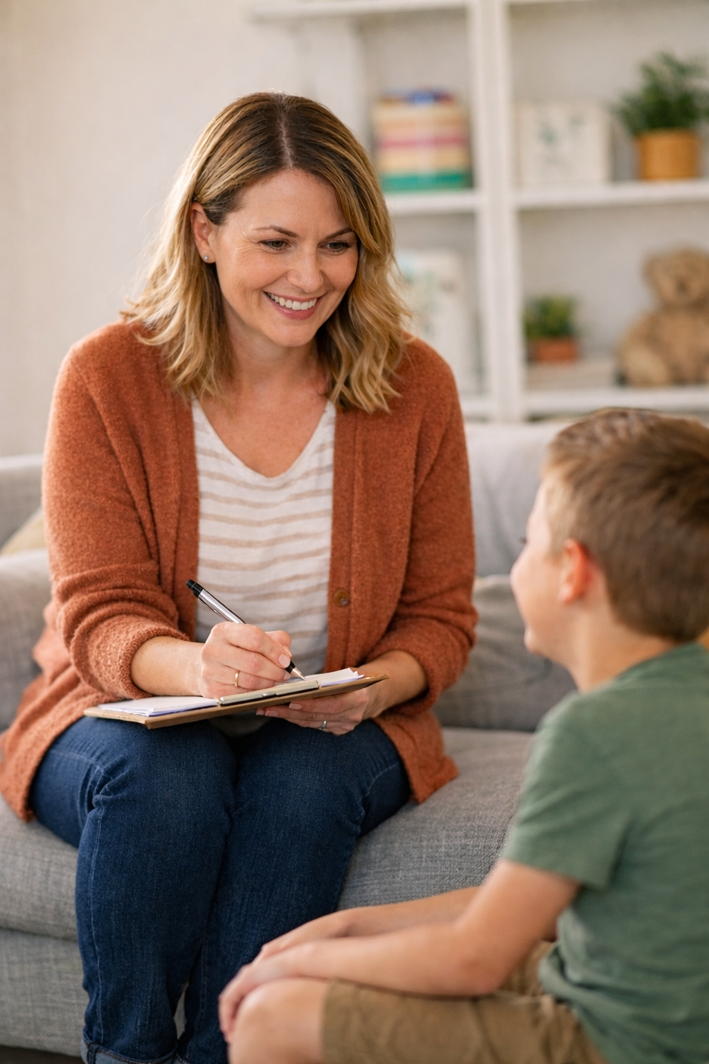 A woman with shoulder-length blonde hair smiling while sitting on a couch, holding a clipboard and pen, engaging in a conversation with a young boy with short light brown hair, wearing a green shirt, in a cozy living room with bookshelves and plants in the background.