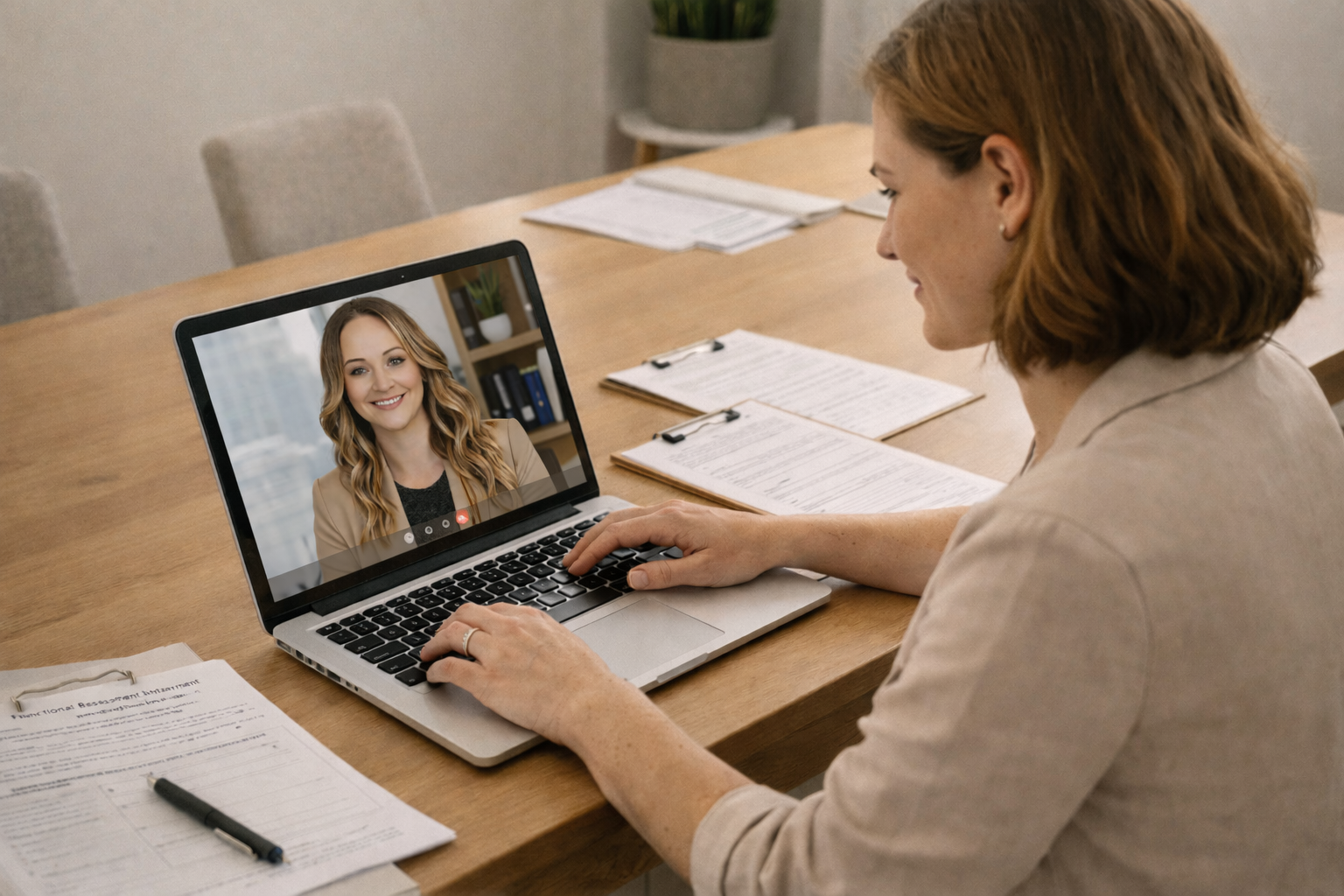 A woman with short red hair sitting at a wooden table, engaged in a video call on her laptop with a woman smiling on the screen.