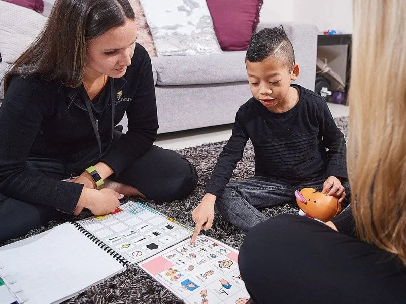 A woman and a boy sit on a shaggy rug playing a bingo game with picture cards, while a person with blonde hair sits nearby.