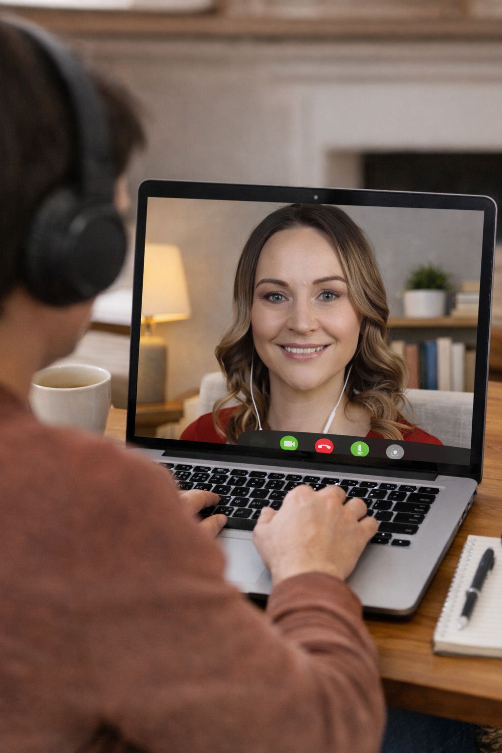 Person on a video call with a smiling woman displayed on a laptop screen, sitting at a wooden table with a notebook, pen, and coffee mug nearby.
