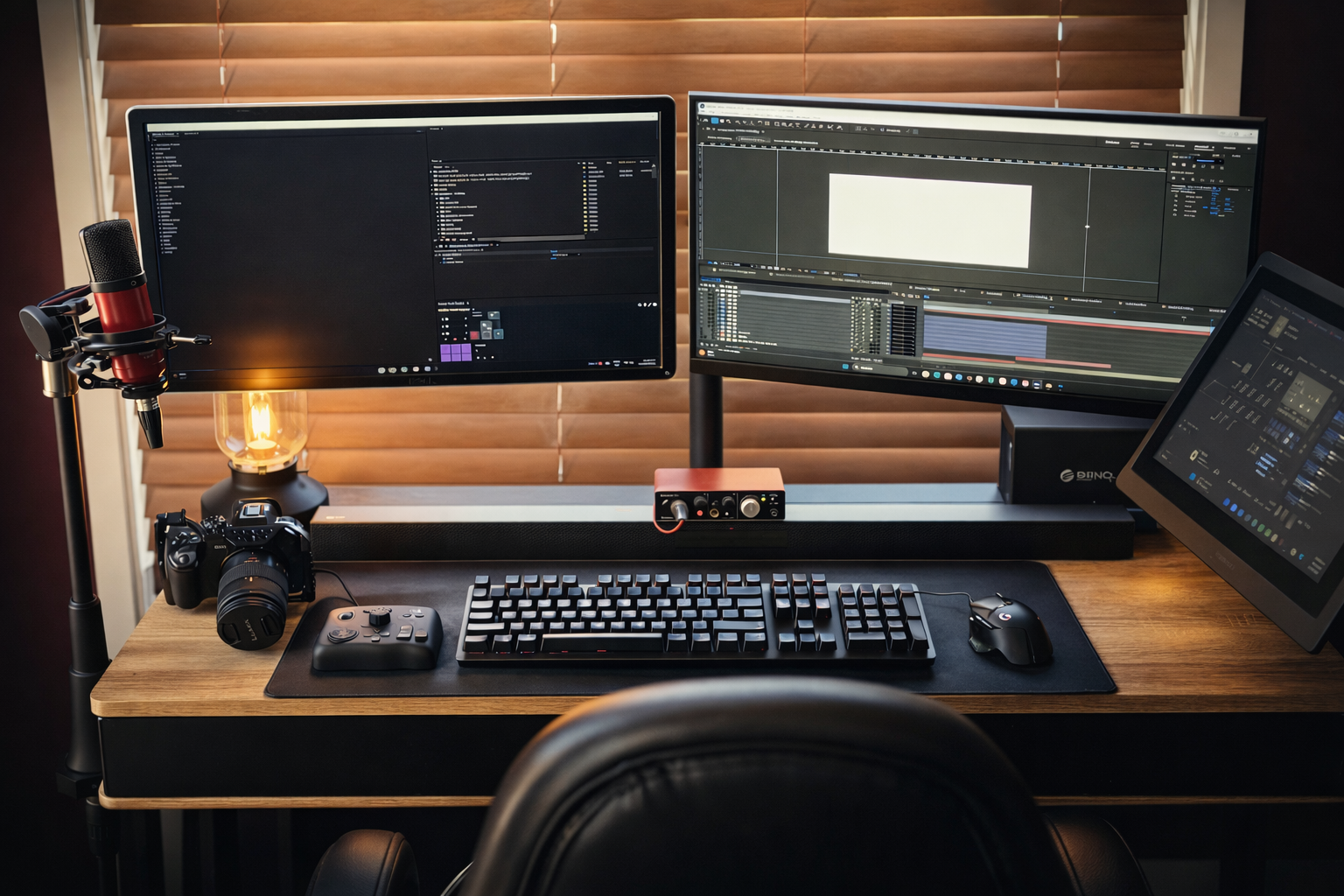 A multi-monitor computer setup on a wooden desk with a keyboard, mouse, camera, microphone, and editing software open on the screens.